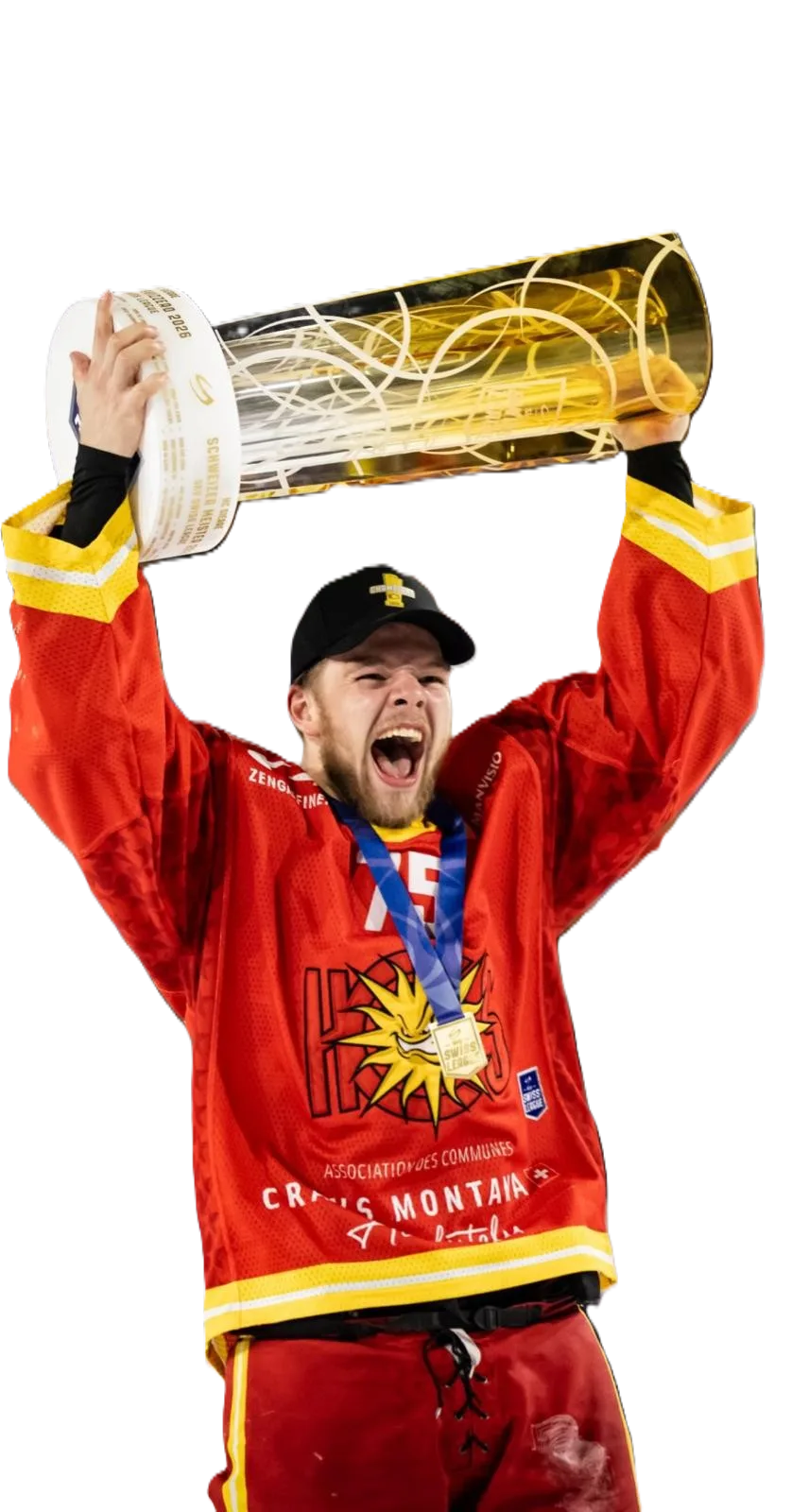 Roberts Cjunskis lifting the Sky Swiss League Championship trophy — the level he is fighting his way back to
